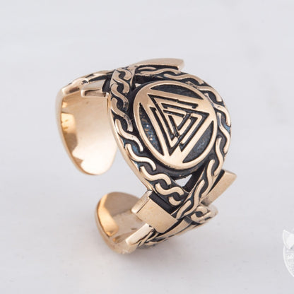 Valknut Symbol Bronze Viking Ring with Norse Ornament