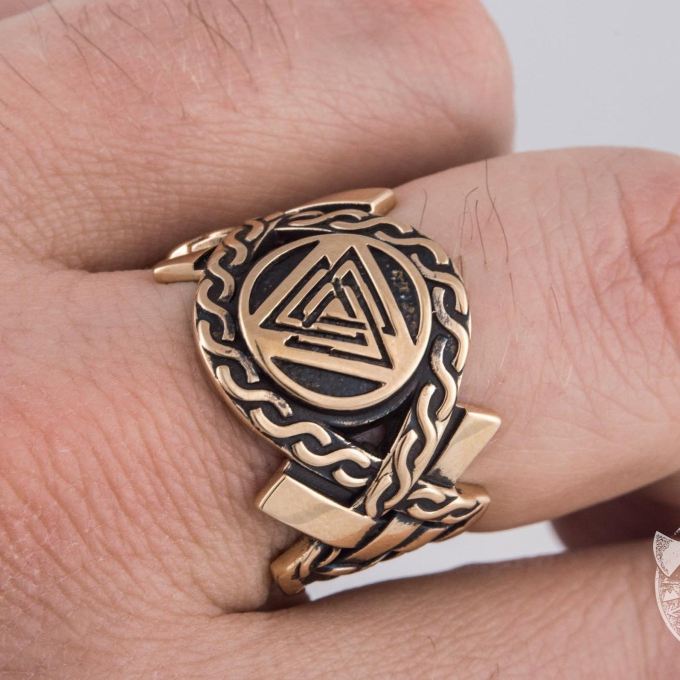 Valknut Symbol Bronze Viking Ring with Norse Ornament