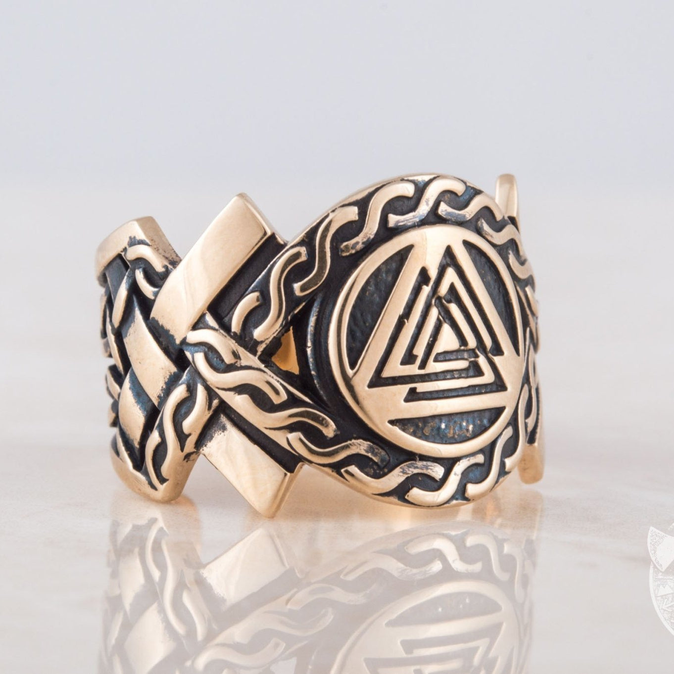 Valknut Symbol Bronze Viking Ring with Norse Ornament
