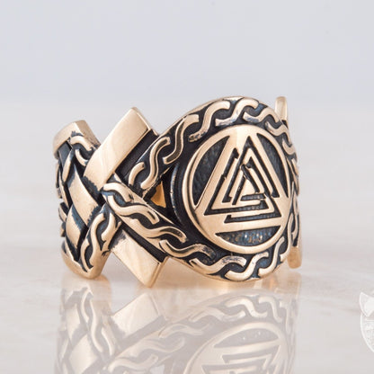 Valknut Symbol Bronze Viking Ring with Norse Ornament