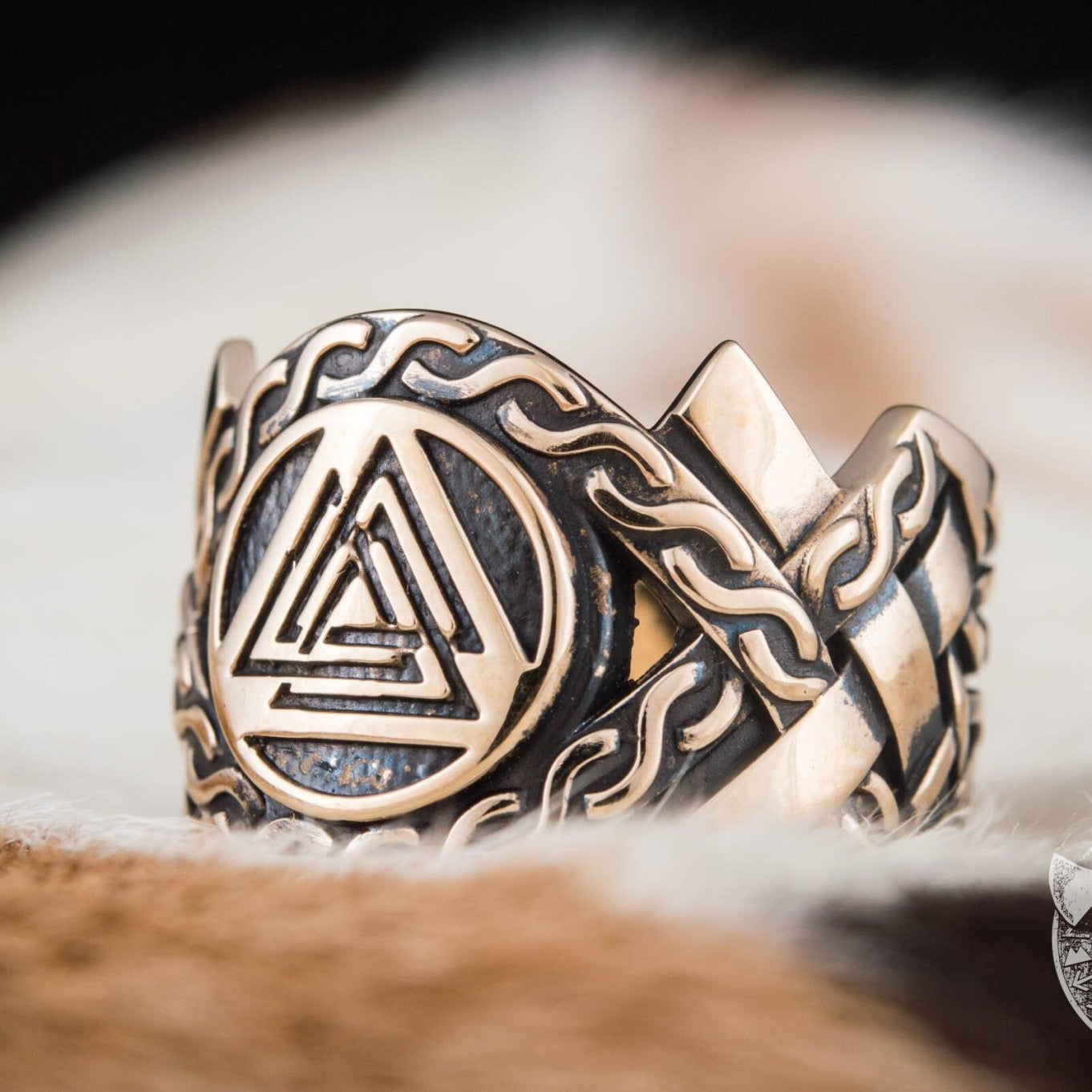 Valknut Symbol Bronze Viking Ring with Norse Ornament