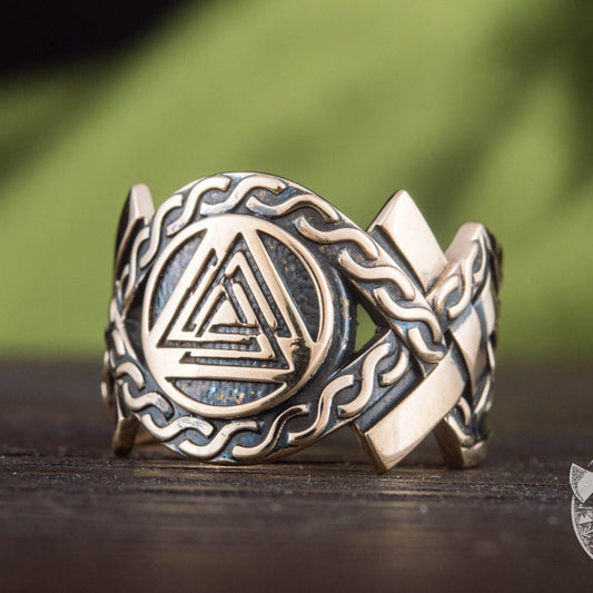 Valknut Symbol Bronze Viking Ring with Norse Ornament