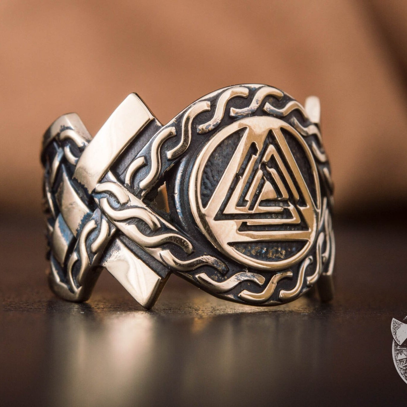 Valknut Symbol Bronze Viking Ring with Norse Ornament