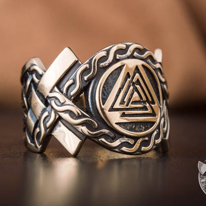 Valknut Symbol Bronze Viking Ring with Norse Ornament