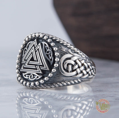Valknut Symbol with Norse Ornament Sterling Silver Scandinavian Viking Jewelry