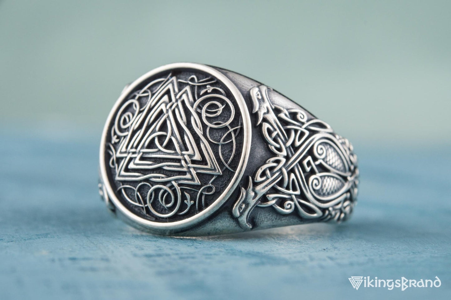 Valknut Viking Symbol Ring with Viking Style Ornament Sterling Silver Jewelry