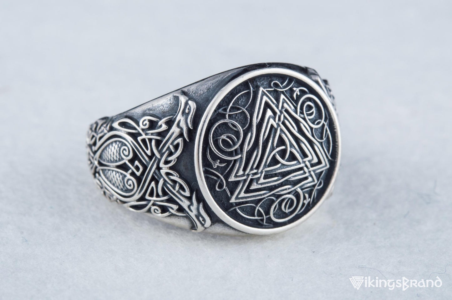 Valknut Viking Symbol Ring with Viking Style Ornament Sterling Silver Jewelry