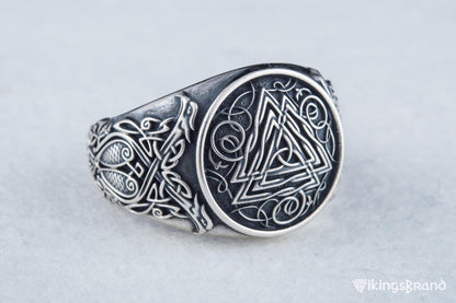 Valknut Viking Symbol Ring with Viking Style Ornament Sterling Silver Jewelry