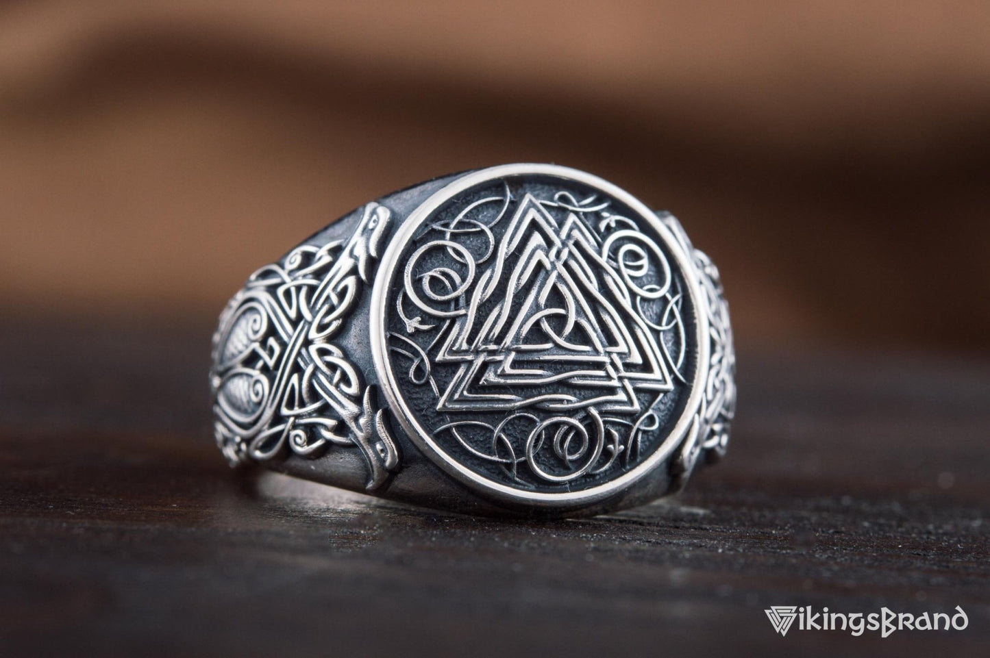 Valknut Viking Symbol Ring with Viking Style Ornament Sterling Silver Jewelry