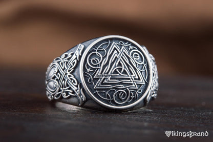 Valknut Viking Symbol Ring with Viking Style Ornament Sterling Silver Jewelry