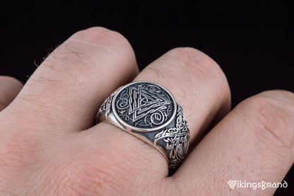 Valknut Viking Symbol Ring with Viking Style Ornament Sterling Silver Jewelry