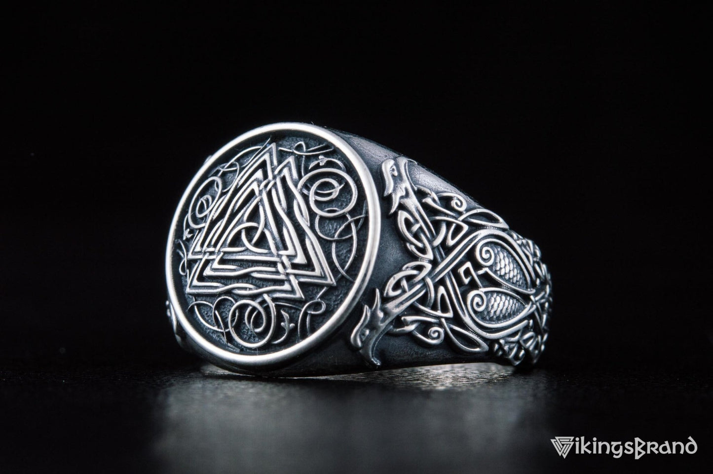 Valknut Viking Symbol Ring with Viking Style Ornament Sterling Silver Jewelry