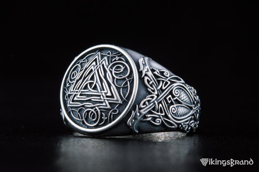 Valknut Viking Symbol Ring with Viking Style Ornament Sterling Silver Jewelry