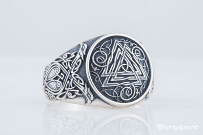 Valknut Viking Symbol Ring with Viking Style Ornament Sterling Silver Jewelry