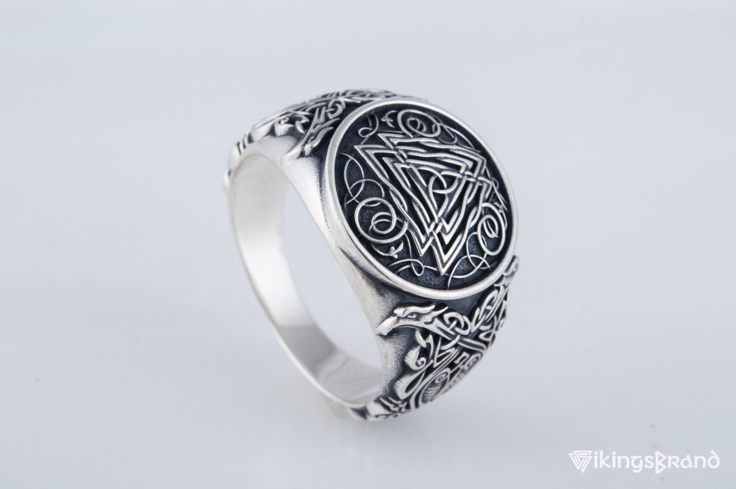 Valknut Viking Symbol Ring with Viking Style Ornament Sterling Silver Jewelry