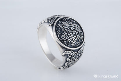 Valknut Viking Symbol Ring with Viking Style Ornament Sterling Silver Jewelry