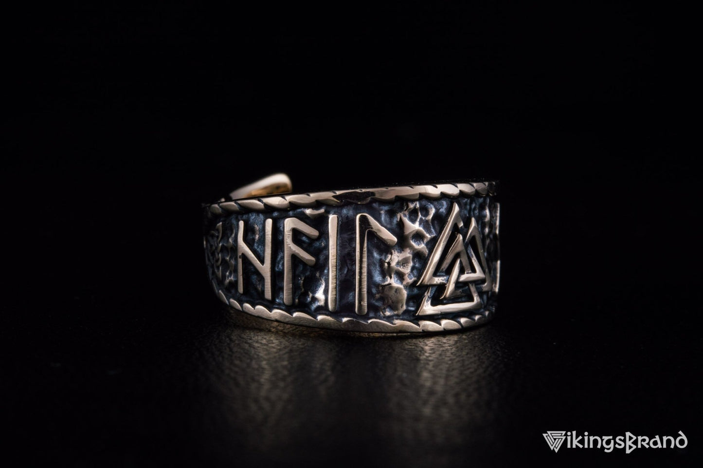 Valknut Viking Symbol With HAIL ODIN Runes Bronze Pagan Ring
