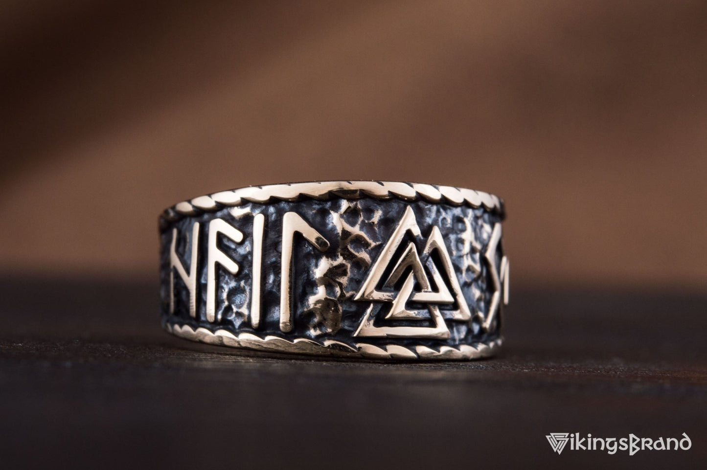 Valknut Viking Symbol With HAIL ODIN Runes Bronze Pagan Ring