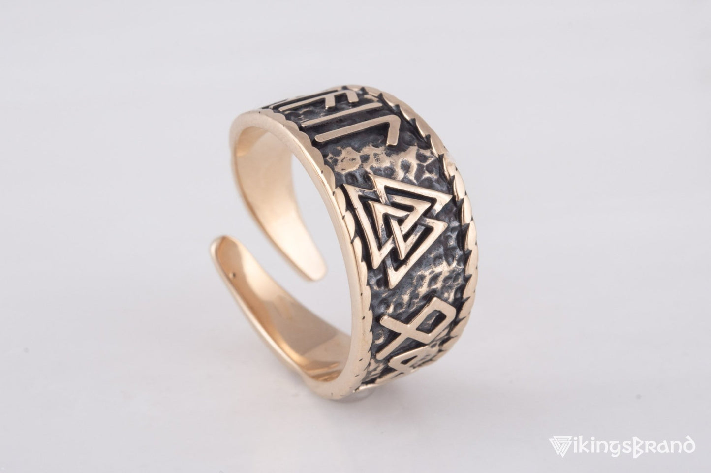 Valknut Viking Symbol With HAIL ODIN Runes Bronze Pagan Ring
