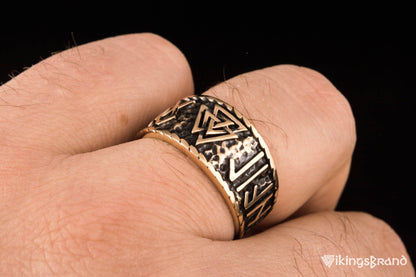 Valknut Viking Symbol With HAIL ODIN Runes Bronze Pagan Ring