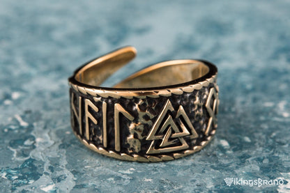 Valknut Viking Symbol With HAIL ODIN Runes Bronze Pagan Ring