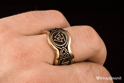 Valknut Viking Symbol With HAIL ODIN Runes Bronze Viking Ring