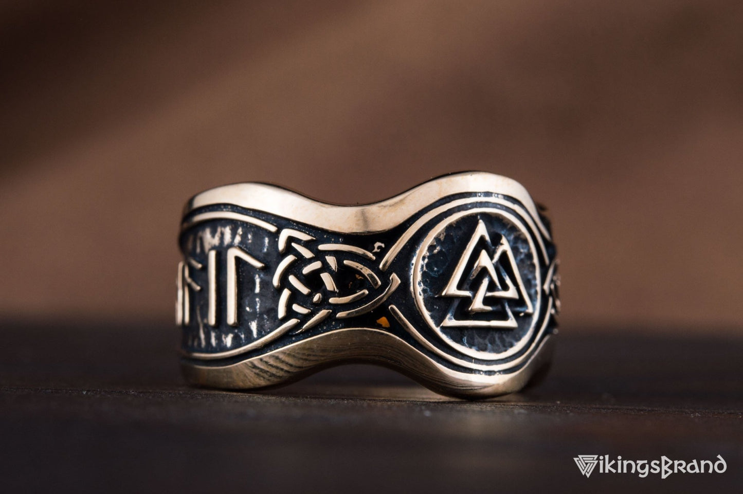 Valknut Viking Symbol With HAIL ODIN Runes Bronze Viking Ring
