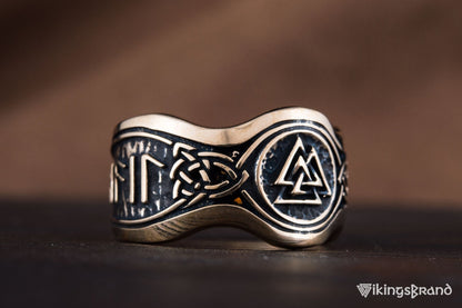 Valknut Viking Symbol With HAIL ODIN Runes Bronze Viking Ring