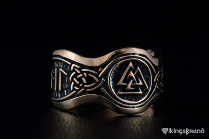 Valknut Viking Symbol With HAIL ODIN Runes Bronze Viking Ring