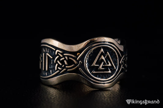 Valknut Viking Symbol With HAIL ODIN Runes Bronze Viking Ring