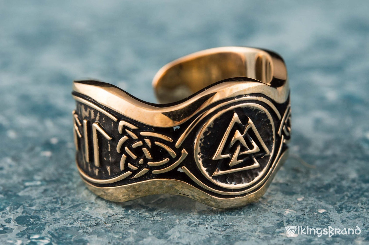 Valknut Viking Symbol With HAIL ODIN Runes Bronze Viking Ring