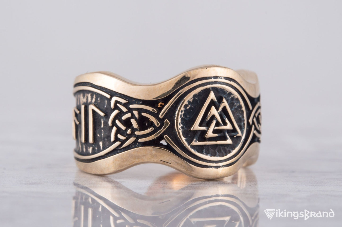 Valknut Viking Symbol With HAIL ODIN Runes Bronze Viking Ring