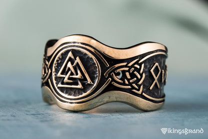 Valknut Viking Symbol With HAIL ODIN Runes Bronze Viking Ring