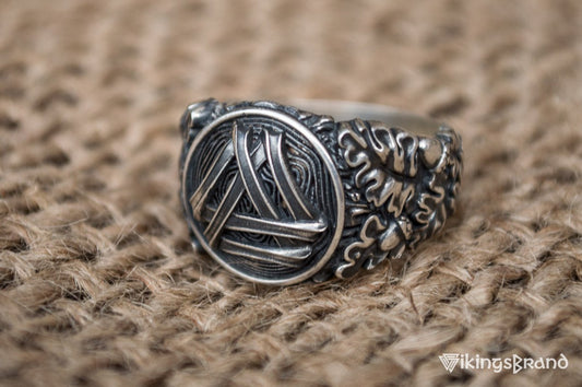 Valknut Viking Symbol with Oak Leaves and Acorns Sterling Silver Norse Ring