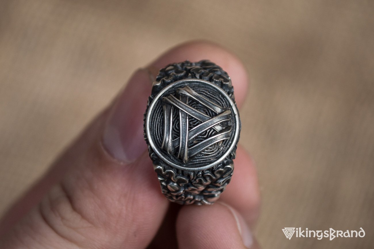 Valknut Viking Symbol with Oak Leaves and Acorns Sterling Silver Norse Ring