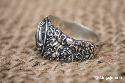 Valknut Viking Symbol with Oak Leaves and Acorns Sterling Silver Norse Ring