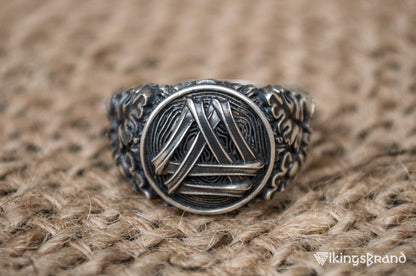 Valknut Viking Symbol with Oak Leaves and Acorns Sterling Silver Norse Ring