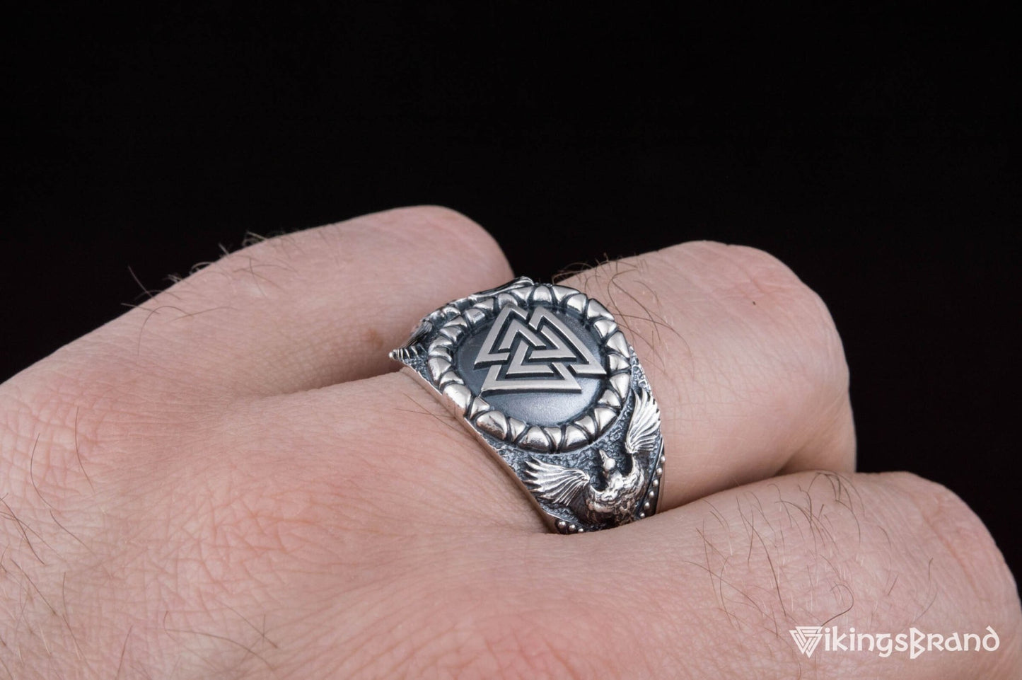 Valknut Viking Symbol with Raven Style Sterling Silver Norse Ring