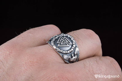 Valknut Viking Symbol with Raven Style Sterling Silver Norse Ring