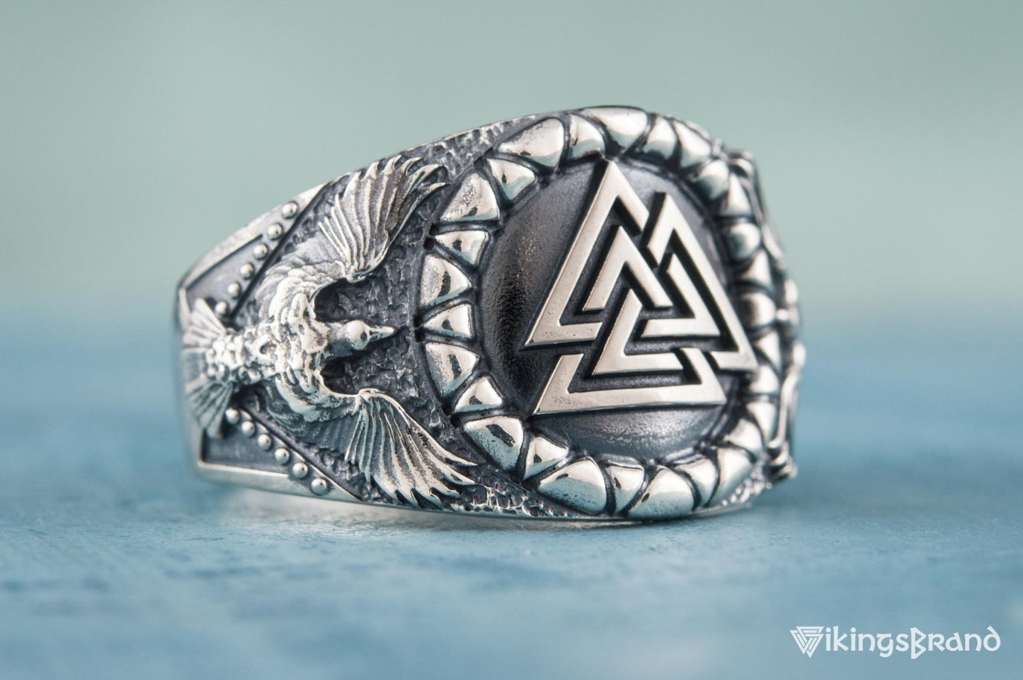 Valknut Viking Symbol with Raven Style Sterling Silver Norse Ring