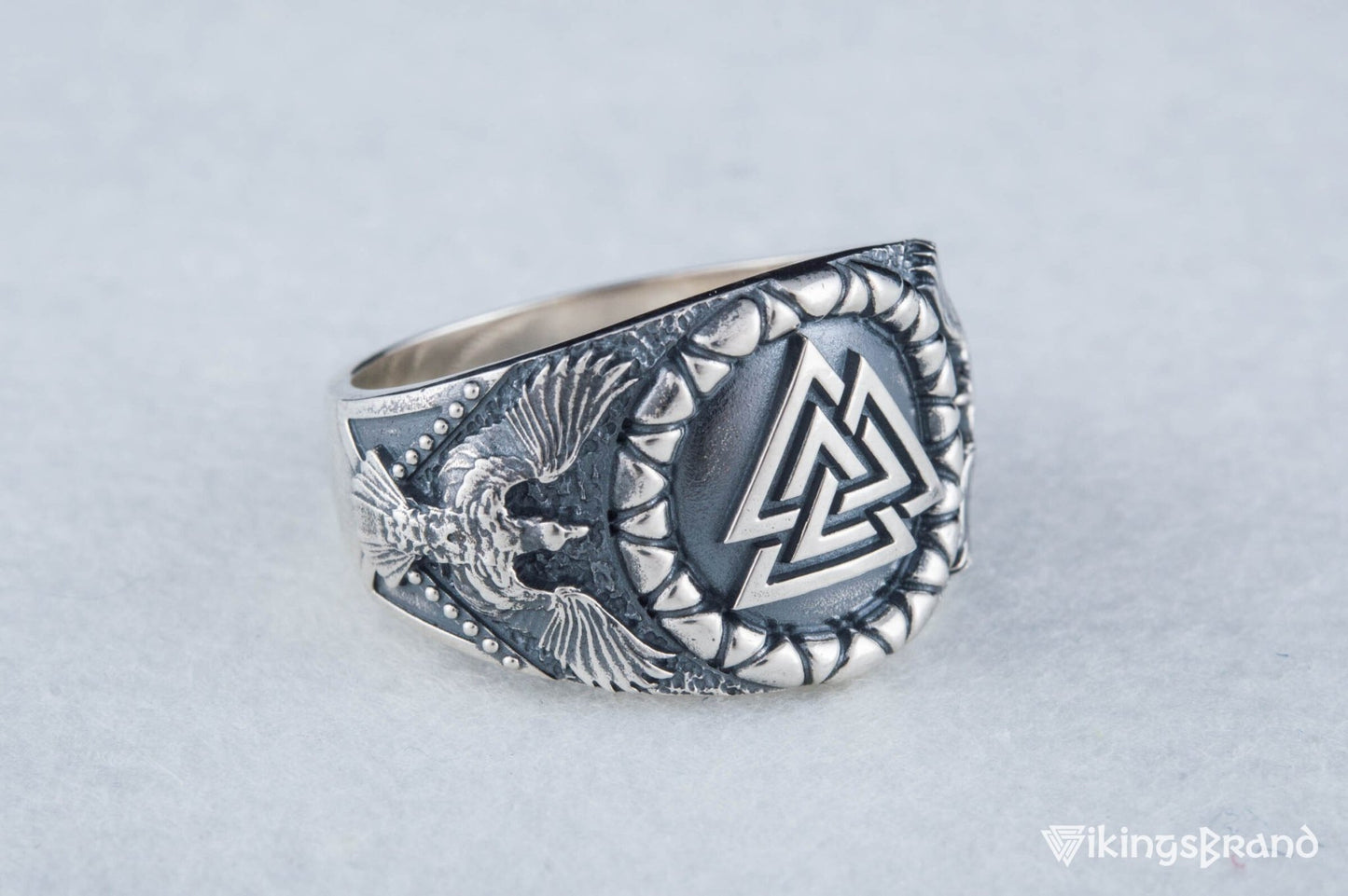 Valknut Viking Symbol with Raven Style Sterling Silver Norse Ring