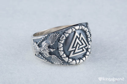 Valknut Viking Symbol with Raven Style Sterling Silver Norse Ring