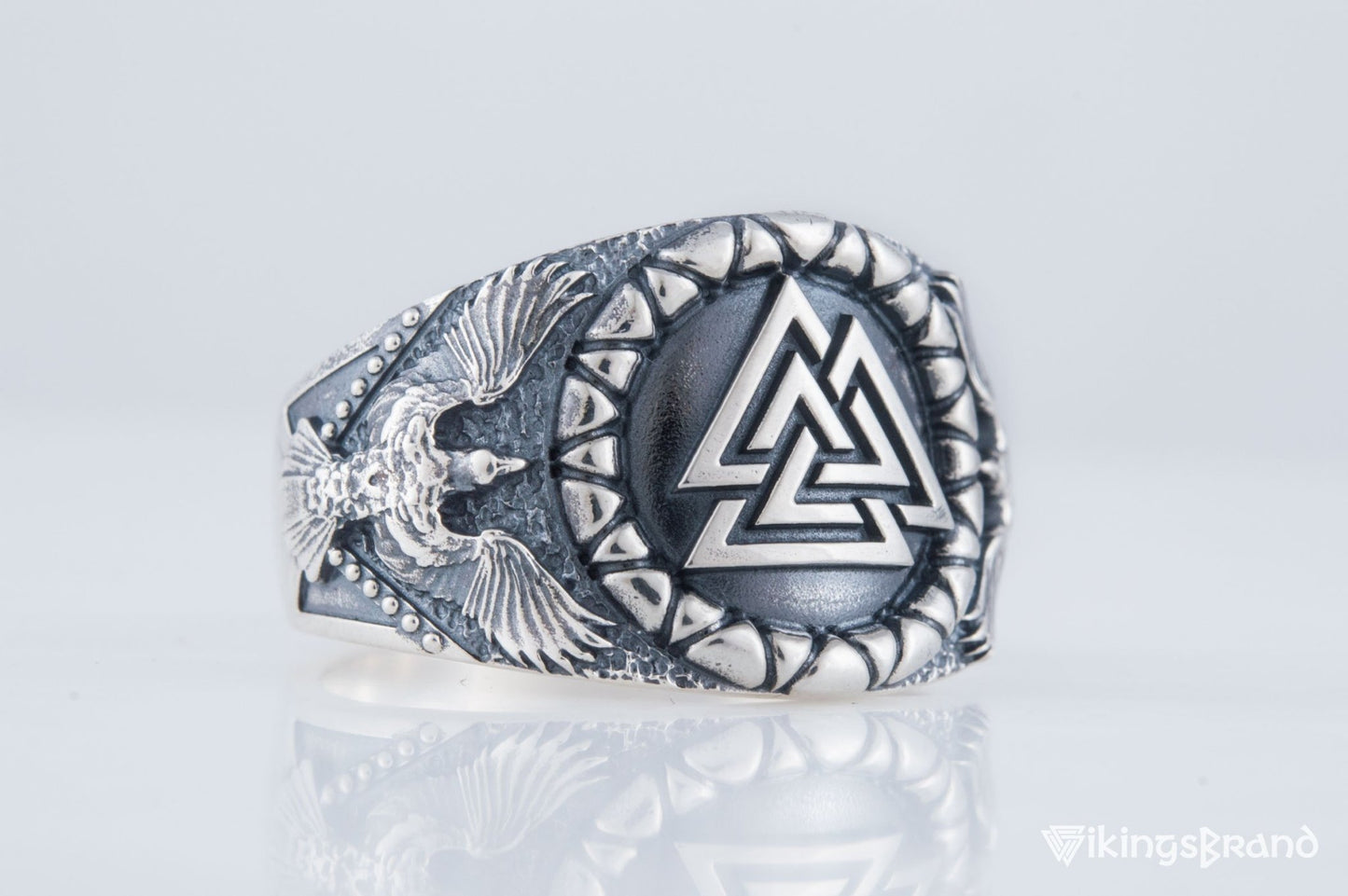 Valknut Viking Symbol with Raven Style Sterling Silver Norse Ring