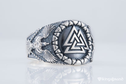 Valknut Viking Symbol with Raven Style Sterling Silver Norse Ring