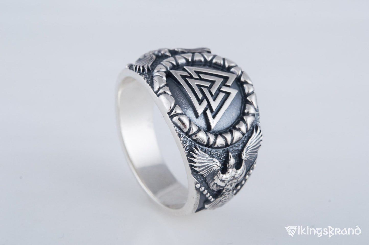 Valknut Viking Symbol with Raven Style Sterling Silver Norse Ring