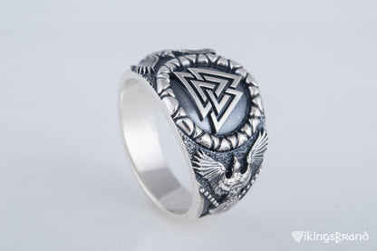 Valknut Viking Symbol with Raven Style Sterling Silver Norse Ring