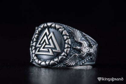Valknut Viking Symbol with Raven Style Sterling Silver Norse Ring