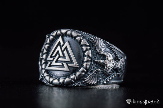 Valknut Viking Symbol with Raven Style Sterling Silver Norse Ring