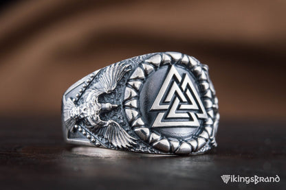 Valknut Viking Symbol with Raven Style Sterling Silver Norse Ring