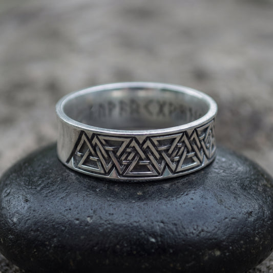 Sterling silver Valknut wedding ring seen front on, interlocking valknut frieze